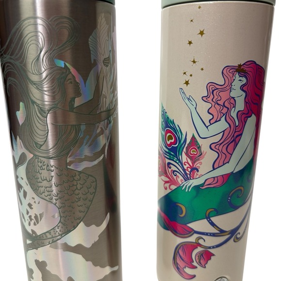 Starbucks Lot of 2 Stainless Steel Travel Tumbler 16 Oz Siren Mermaid Coffee - Picture 2 of 11